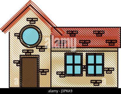 drawing house door round window brick residential Stock Vector