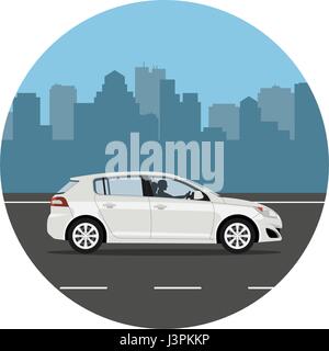 Car on the road over city background. Man driving the white hatchback. Vector illustration. Flat design, without gradients. Stock Vector