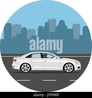 Car on the road over city background. Man driving the white sedan. Vector illustration. Flat design, without gradients. Stock Vector