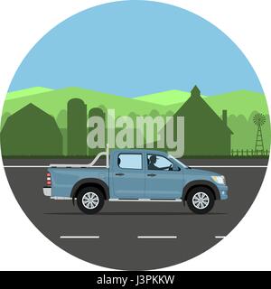 Pickup truck on the road. Man driving the car. Vector illustration. Flat design, without gradients. Stock Vector