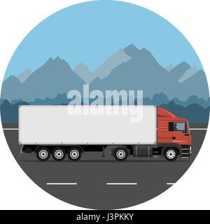 Semi trailer truck on the mountain road. Vector illustration. Flat design, without gradients. Stock Vector
