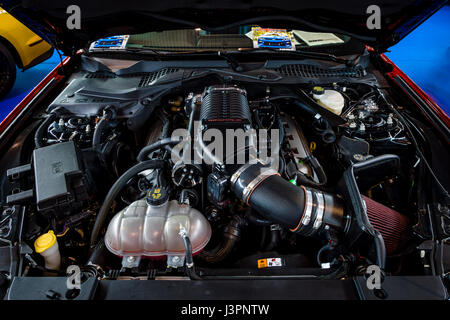 STUTTGART, GERMANY - MARCH 03, 2017: Engine of the Ford Mustang GT V8 Supercharged, 2017. Close-up. Europe's greatest classic car exhibition 'RETRO CLASSICS' Stock Photo