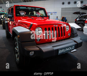 Jeep Wrangler Rubicon four-wheel drive off-road SUV car at the Brussels  Autosalon Motor Show. Belgium - January 18, 2019 Stock Photo - Alamy