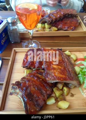 Vienna, Austria, Detail, Barbecued Ribs on Platter in Restaurant Stock Photo