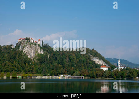 Castle and church, Lake Bled, Bled, Slovenia, Balkans Stock Photo