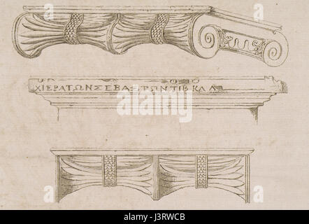 The Ionic capital and inscription from Menidi, documented by Stuart and Revett in 1794, represents an important example of classical architecture and the study of ancient Greek culture. Stock Photo