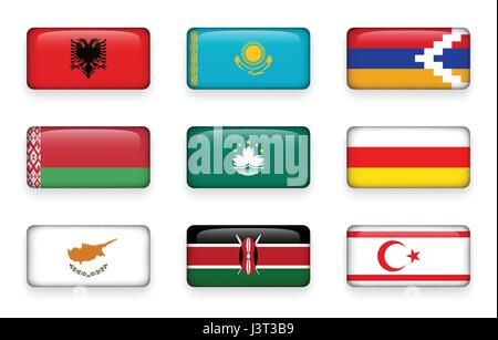 Set of world flags rectangle buttons ( Albania . Kazakhstan . Nagorno-Karabakh . Belarus . Macao . South Ossetia . Cyprus . Kenya . Northern Cyprus ) Stock Vector