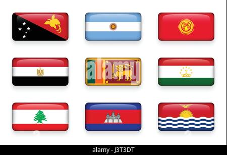 Set of world flags rectangle buttons ( Papua New Guinea . Argentina . Kyrgyzstan . Egypt . Sri Lanka. Tajikistan . Lebanon . Cambodia . Kiribati ) Stock Vector