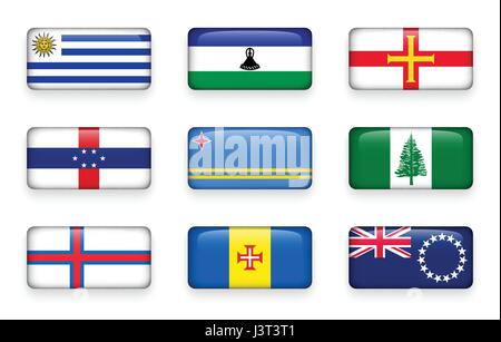 Set of world flags rectangle buttons ( Uruguay . Lesotho . Guernsey . Netherlands Antilles . Aruba . Norfolk Island . Faroe Islands . Madeira . Cook I Stock Vector