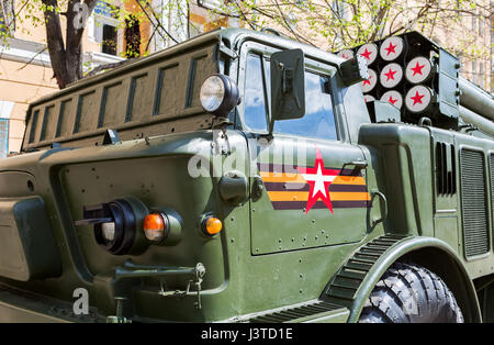 Samara, Russia - May 6, 2017: Soviet self-propelled multiple rocket launcher system BM-27 Uragan (Hurricane) on ZIL-135 chassis at the city street Stock Photo