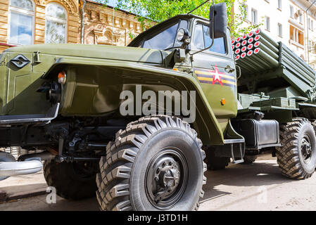 Samara, Russia - May 6, 2017: BM-21 Grad 122-mm Multiple Rocket Launcher on Ural-375D chassis at the city street in Samara, Russia Stock Photo