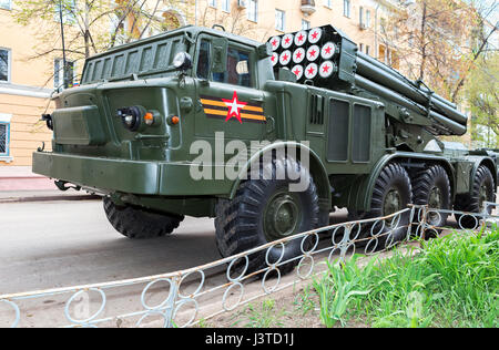 Samara, Russia - May 6, 2017: Soviet self-propelled multiple rocket launcher system BM-27 Uragan (Hurricane) on ZIL-135 chassis at the city street Stock Photo