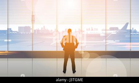 Silhouette Man Waiting For Arrival In Airport Hall Departure Terminal Interior Check In Stock Vector