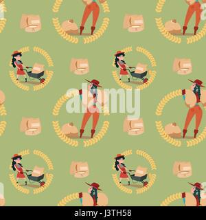 Farmers Wheat Harvest Farming Seamless Pattern Stock Vector