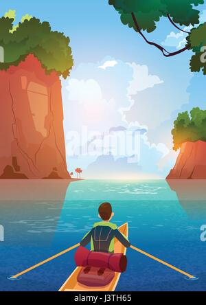 Man Floating In Boat In Mountains Lake Summer Adventure Vacation Concept Stock Vector