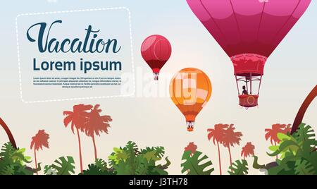 People Travel On Air Balloons Flying Over Tropical Forest Landscape Summer Vacation Concept Stock Vector