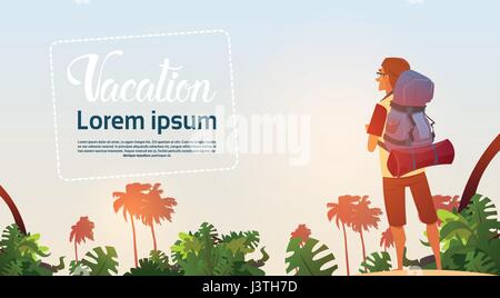 Man Backpacker Enjoy View Tropical Forest Traveler Hiking On Adventure Vacation Concept Stock Vector