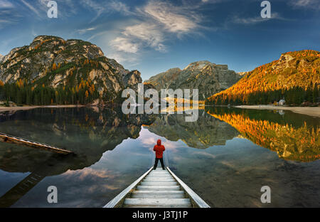 The Pragser Wildsee, or Lake Prags, Lake Braies is a lake in the Prags Dolomites in South Tyrol, Italy. Stock Photo