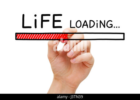 Hand drawing Life loading bar concept with marker on transparent wipe board. Stock Photo