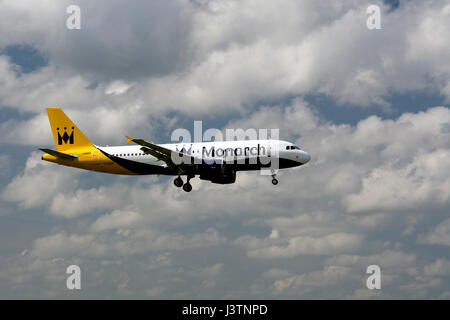 Monarch Airlines Airbus A320 (G-ZBAP) landing at Birmingham Airport, UK Stock Photo