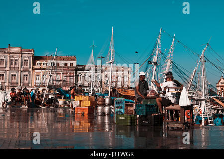 Brazil,  fishermen in the harbour of Belém do Pará Stock Photo