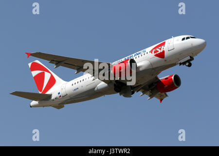 CSA - Czech Airlines Airbus A319-112 [OK-MEL] taking off from runway 13. Stock Photo
