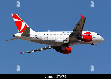 CSA - Czech Airlines Airbus A319-112 [OK-MEL] taking off from runway 13. Stock Photo