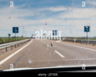 Splattering of dead insects on a car windscreen, windshield whilst driving along a road with signs and road  white markings. Stock Photo