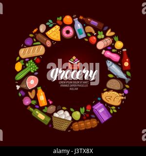Grocery banner. Food and drinks icons set. Vector illustration Stock Vector
