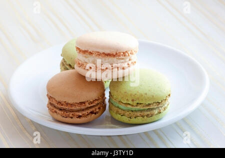 Plate of vanilla, mocha and pistachio flavored imported French macarons at the Fairmont Empress Hotel in Victoria, Canada Stock Photo