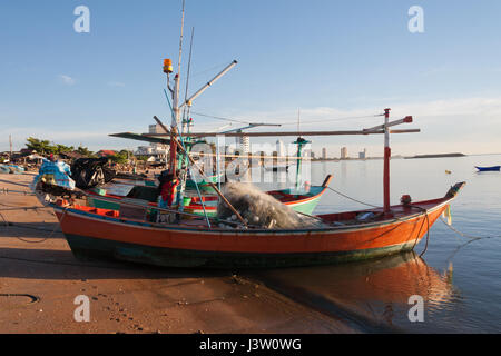 Fishing boats on Cha Am beach early morning, prachuap khiri khan, Thailand Stock Photo