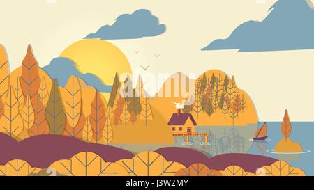 Paper-cut Style Applique Forest with Small House and Boat on Coast - Vector Illustration Stock Vector