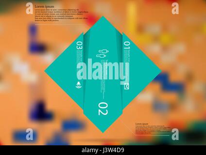 Illustration infographic template with motif of rhombus vertically divided to three shifted blue sections with simple sign, number and sample text. Bl Stock Vector