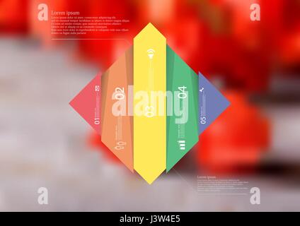 Illustration infographic template with motif of rhombus vertically divided to five shifted color sections with simple sign, number and sample text. Bl Stock Vector