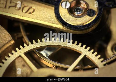 Old swiss made pocket watch inside mechanism close up Stock Photo