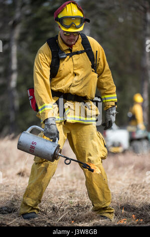 U.S. Air Force Senior Airman Grant Kopplin, a fire protection specialist assigned to the 673d Civil Engineer Squadron, uses a drip torch to light a back fire during a controlled burn at the Infantry Platoon Battle Course on Joint Base Elmendorf-Richardson, Alaska, May 4, 2017. Controlled burns consume accumulated dry brush and grass thereby reducing the risk of wildfires. Kopplin is a native of Willard, Mo. (U.S. Air Force photo by Alejandro Pena) Stock Photo