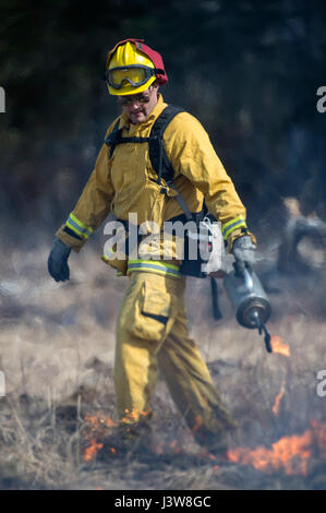 U.S. Air Force Senior Airman Grant Kopplin, a fire protection specialist assigned to the 673d Civil Engineer Squadron, uses a drip torch to light a back fire during a controlled burn at the Infantry Platoon Battle Course on Joint Base Elmendorf-Richardson, Alaska, May 5, 2017. Controlled burns consume accumulated dry brush and grass thereby reducing the risk of wildfires. Kopplin is a native of Willard, Mo. (U.S. Air Force photo by Alejandro Pena) Stock Photo