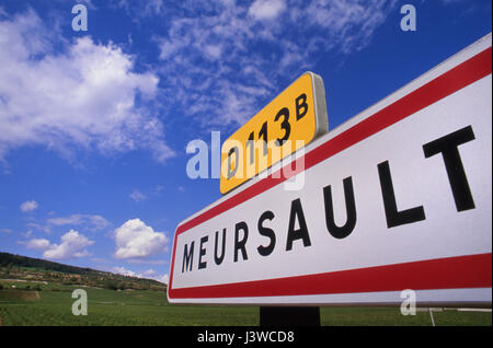 MEURSAULT road sign on D113b at boundary to wine village Meursault on Route des Grands Crus, Burgundy Côte d'Or, France. Stock Photo