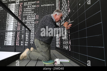 Scoreboard writer Gerald Kington, paints the scores from the show jumping on the main scoreboard during day five of the 2017 Badminton Horse Trials. Stock Photo