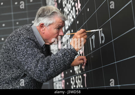 Scoreboard writer Gerald Kington, paints the scores from the show jumping on the main scoreboard during day five of the 2017 Badminton Horse Trials. Stock Photo