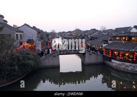 Chinese architecture and buildings lining the water canals to Xitang town in Zhejiang Province, China, February 20, 2016. Stock Photo