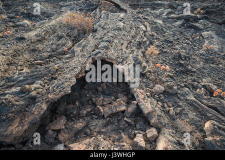 Basaltic lava flows with pahoehoe or ropy textures and small lava tube or tunnel at Tacoron on the south coast of El Hierro, Canary Islands Stock Photo