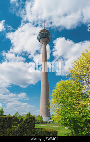 TV tower Rheinturm, Dusseldorf, Germany, Europe. Famous Rhine Tower is a 240.5 metre high telecommunications tower, tallest building in Dusseldorf. Vi Stock Photo