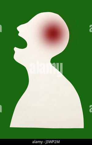 concept of human disease diagnosis and pain localization on silhouette - contour of abstract male man with dementia and opened mouth, isolated on green background, top view, flat lay. Stock Photo