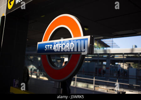 London Underground roundel at Stratford station Jubilee Line platform. Stock Photo