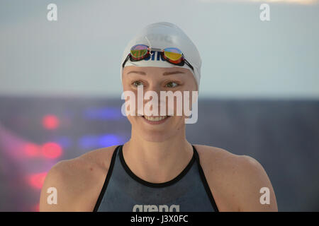 Bergen, Norway. 07th May, 2017. Sarah Sjöström of Sweden smiling and ready for the womens 50m freestyle final where she ended 1st with a strong 23.87 swim, only 14th hundred of her own World Record and world best time 2017 proves her strong on path for the World Championship in August. Credit: Kjell Eirik Irgens Henanger/Alamy Live News Stock Photo