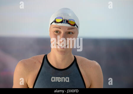 Bergen, Norway. 07th May, 2017. Sarah Sjöström of Sweden smiling and ready for the womens 50m freestyle final where she ended 1st with a strong 23.87 swim, only 14th hundred of her own World Record and world best time 2017 proves her strong on path for the World Championship in August. Credit: Kjell Eirik Irgens Henanger/Alamy Live News Stock Photo