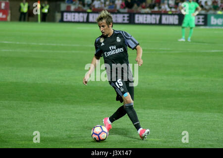 Granada, Spain. May 6, 2017 - Fabio Coentrao with the ball. Real Madrid defeated Granada 0-4 with goals scored by James Rodriguez (3 and 10 minute) and Alvaro Morata (30 and 35 minute). Matchday 36 game played in Los Nuevos Carmenes Stadium. Photo by Jose Velasco | PHOTO MEDIA EXPRESS Stock Photo