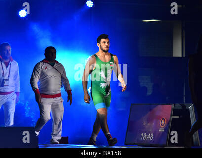 Novi Sad, Serbia. 07th May, 2017. Bulgarian wrestler Tarek Abdelslam won the gold medal in Greco-Roman style in models up to 75 kilograms at the European Wrestling Championship in Novi Sad. In the final he won Chingiz Labazanov from Russia score Credit: Nenad Mihajlovic/Alamy Live News Stock Photo