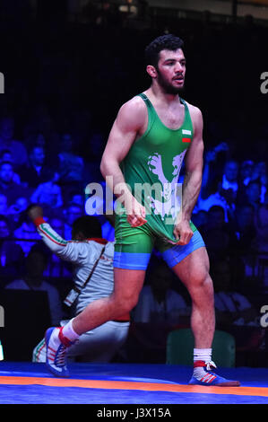 Novi Sad, Serbia. 07th May, 2017. Bulgarian wrestler Tarek Abdelslam won the gold medal in Greco-Roman style in models up to 75 kilograms at the European Wrestling Championship in Novi Sad. In the final he won Chingiz Labazanov from Russia score Credit: Nenad Mihajlovic/Alamy Live News Stock Photo